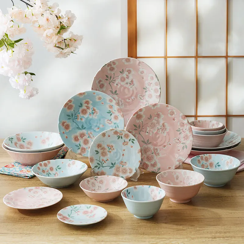 Japanese Household Flower Patterned Ceramic Rice Bowl Dish Plate Elegant Romantic Tableware Blue Pink