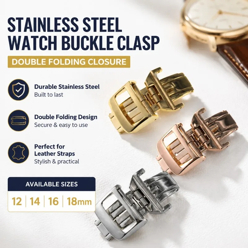 Stainless Steel Double Pull Folding Watch Clasp Replacement Accessory Fits Genuine Leather Wrist Band 12‑18mm Sizes Practical