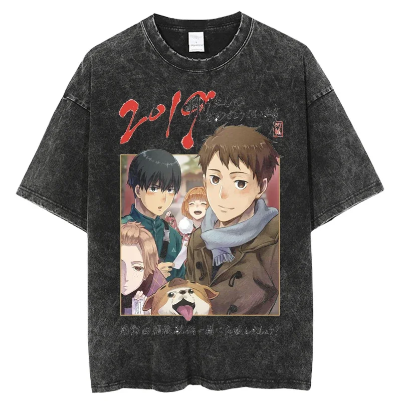 Anime Run with the Wind Graphic Print Hip Hop Mens Summer Short Sleeve Harajuku Washed Tops Black