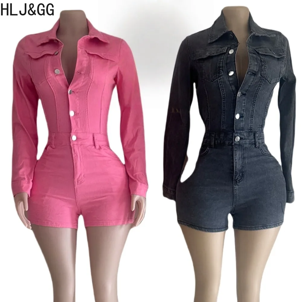 HLJ&GG Fashion Bodycon Denim Romper Woman Solid Color Long Sleeves One Piece Jumpsuit Female Streetwear Overalls 2025 Summer New
