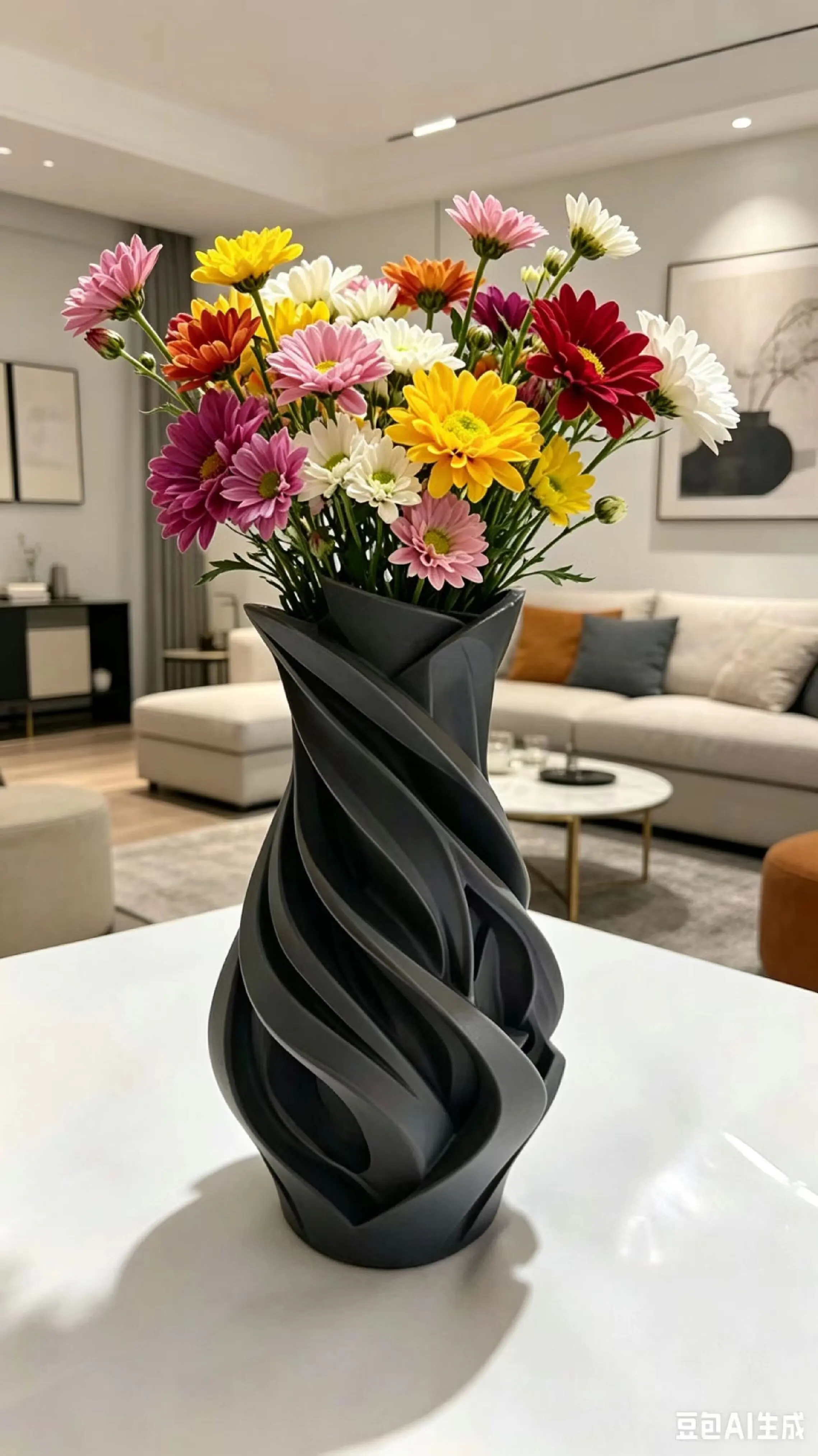 3D Printed Abstract Spiral Sculptural Vase, Matte Black Modern Art Vase for Contemporary Home Decor