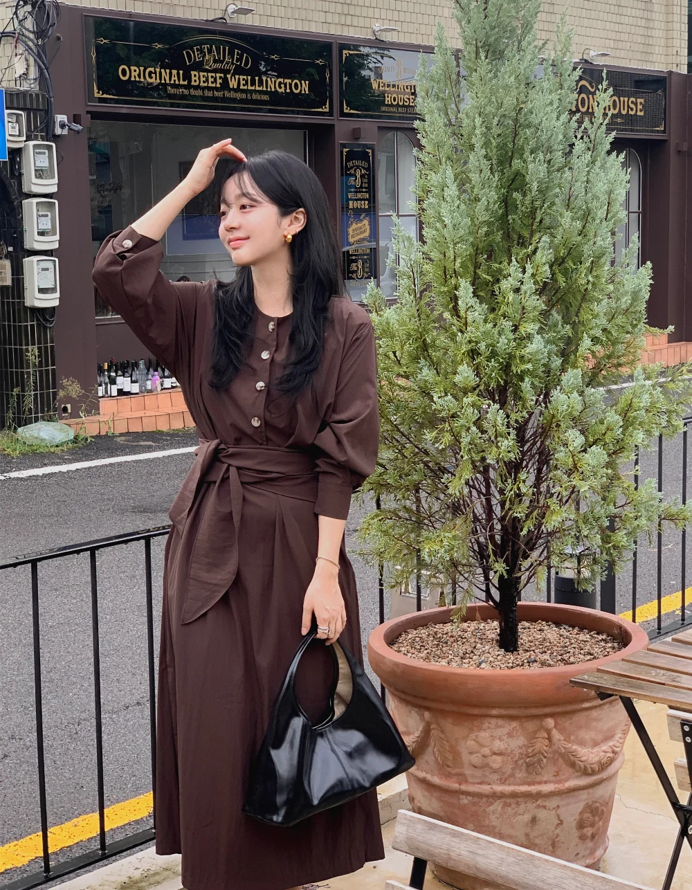 

Korean style Elegant and gentle design sense niche temperament single-breasted lace-up waist long-sleeved dress