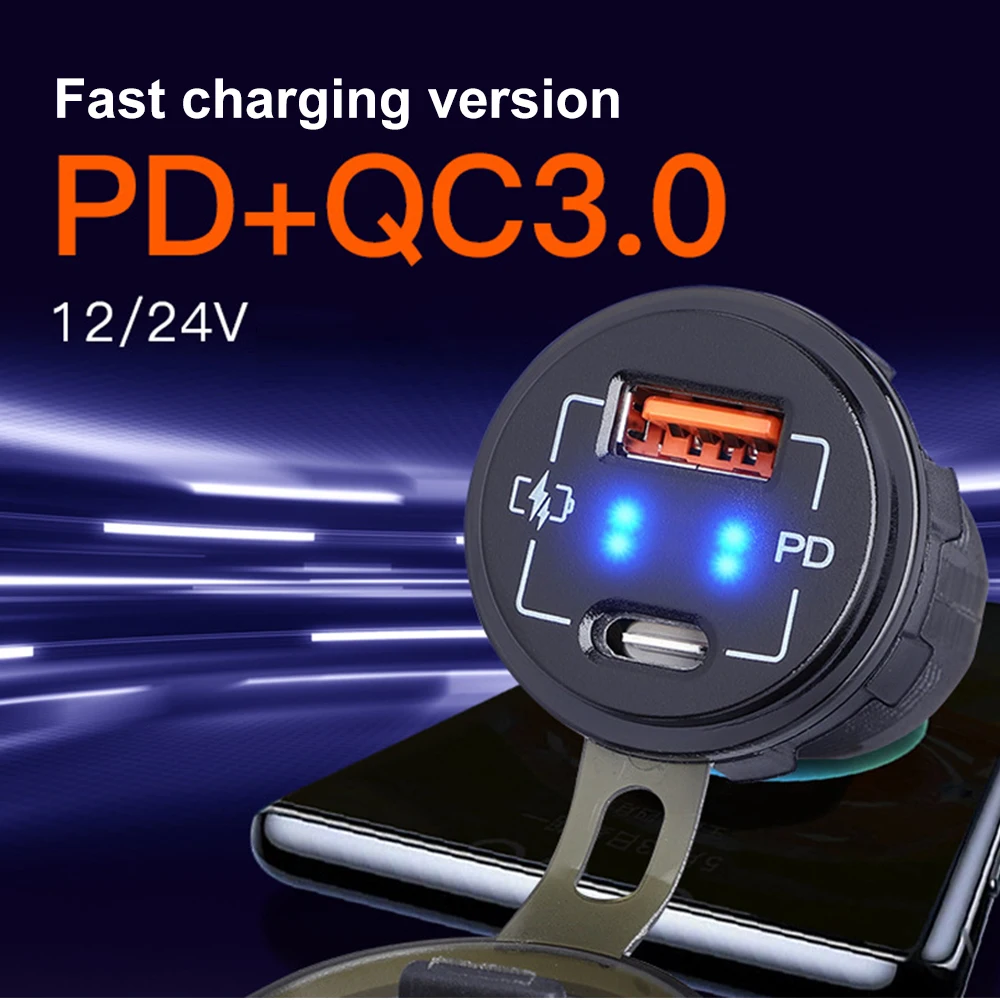 

QC3.0+PD Charger Socket 12/24V USB Outlet Fast Charge Waterproof Power Outlet with LED Light for Car Boat SUV Sedan RV