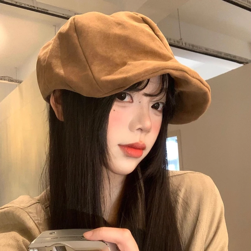

Retro Suede Forward Hats for Women Spring Autumn Travel Casual Versatile Show Face Small Maillard Coffee Color Literary Berets