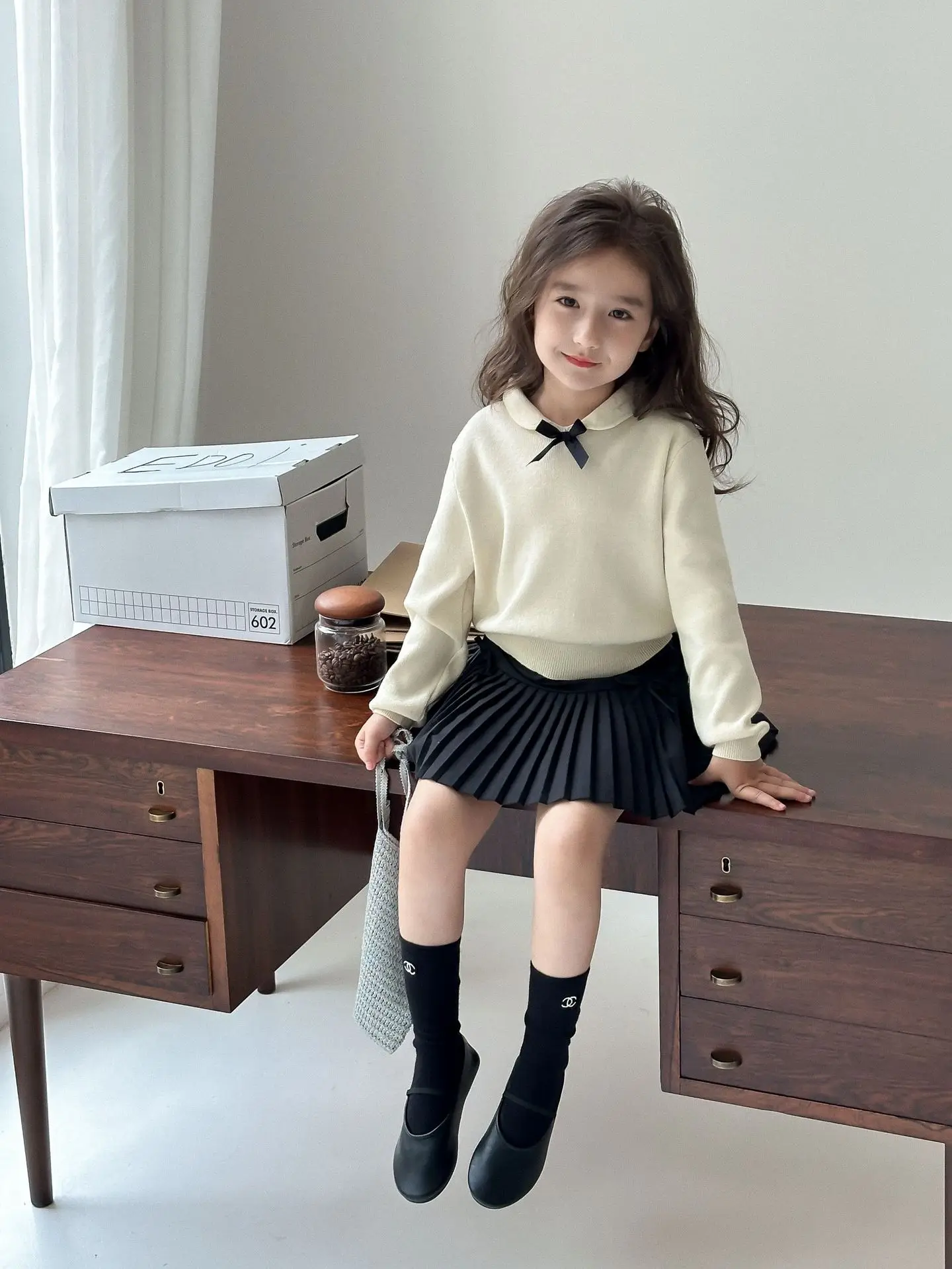 Girl Sweater Autumn Academic 2024 Bow Head Cover Sweater Doll Collar Tops Causal Versatile Childrens Clothing Sweet