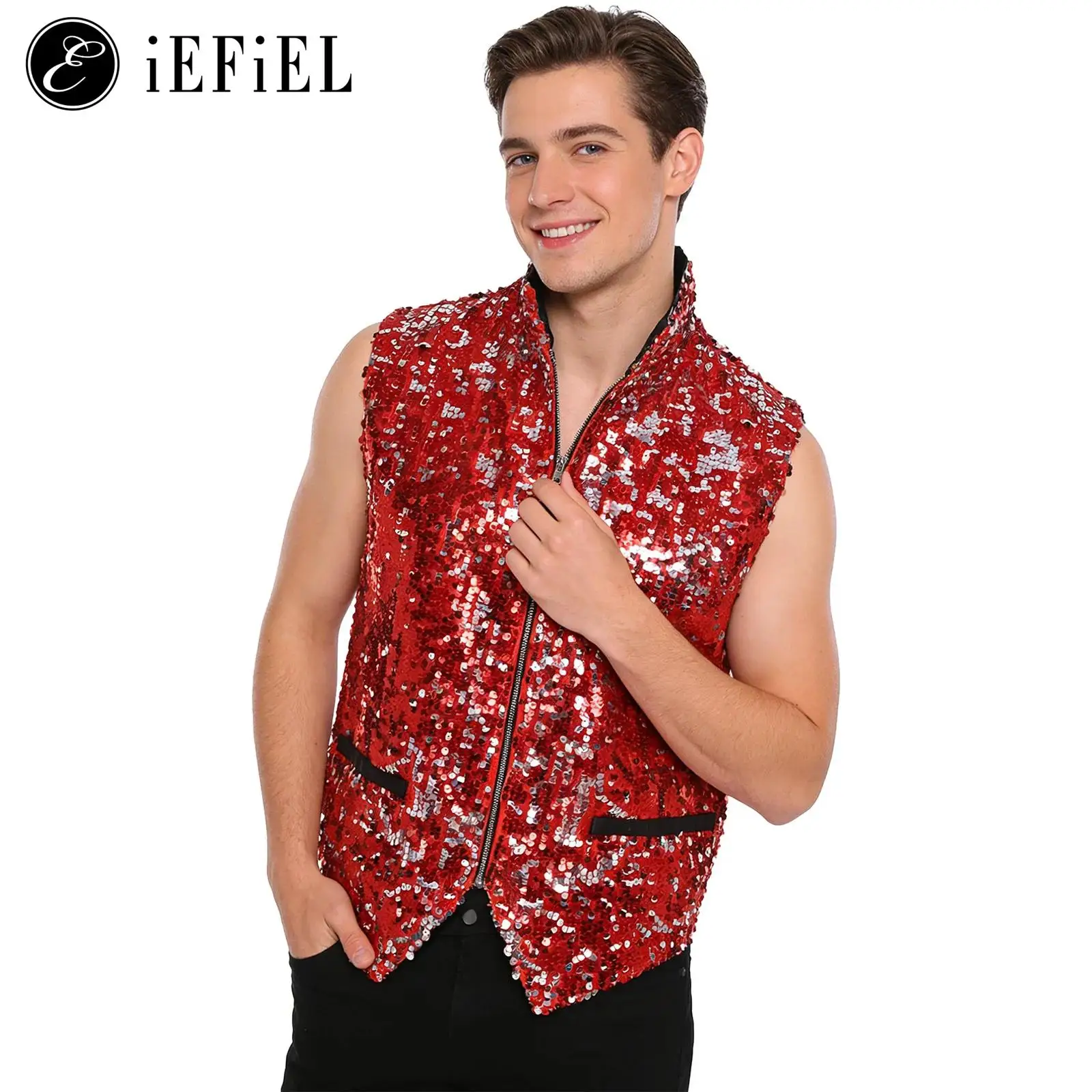 

Mens Shiny Sequin Disco Waistcoat Mock Neck Sleeveless Zipper Fully Lined Vest Tank Top Jazz Street Dance Performance Costume