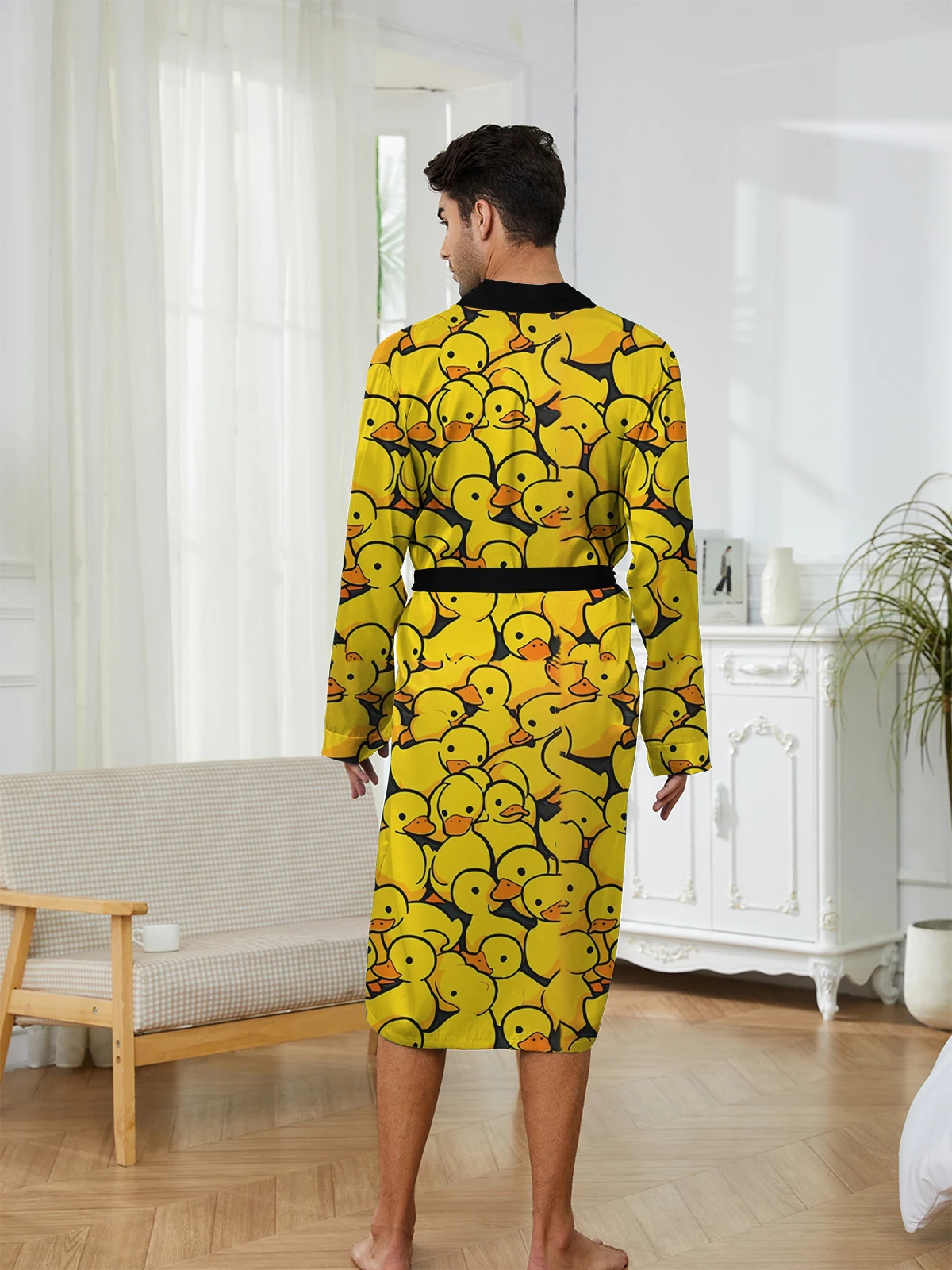 

Spring Autumn men's long robe with digital printed yellow duck pattern,trendy comfortable home casual long robe, quick drying.