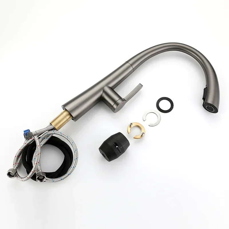 

Серый кухонный смеситель из нержавеющей стали с выдвижным изливом для горячей и холодной воды, поворотный, для дома