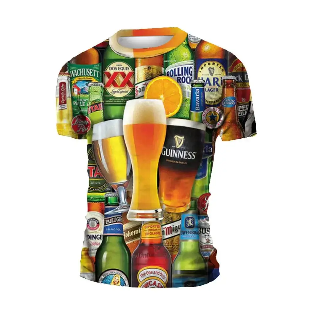 Summer Men Fashion Creative Beer 3d Printed T-Shirt Casual Street Personality Breathable Plus Size Round Neck Short Sleeve