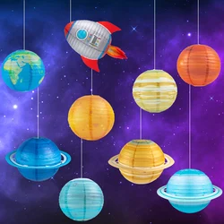 Eight Planet Rocket Foldable Starry Paper Lanterns Hanging Outer Space Planet Solar System Theme Birthday Party Decor Kids Boys