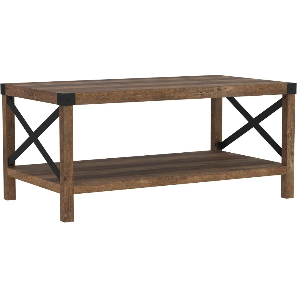 Walker Edison Sedalia Modern Farmhouse Metal X Coffee Table, 40 Inch, Rustic Oak Living Room Furniture