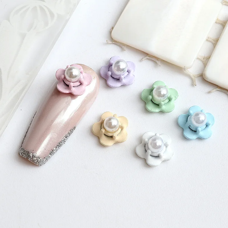 

10PC Spray-painted Lacquered 3D Five-petal Flower Nail Art Pearl Charms Accessories For Manicure Decor Nails Decorarion Supplies