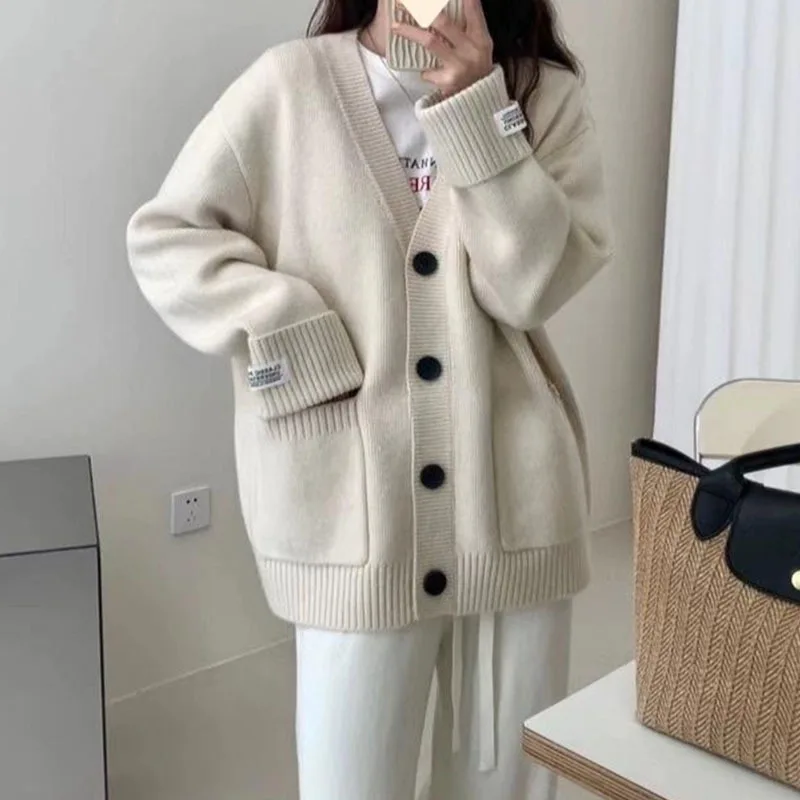 Women's Autumn Winter Knitted Loose Patch Pocket Sweater Cardigan