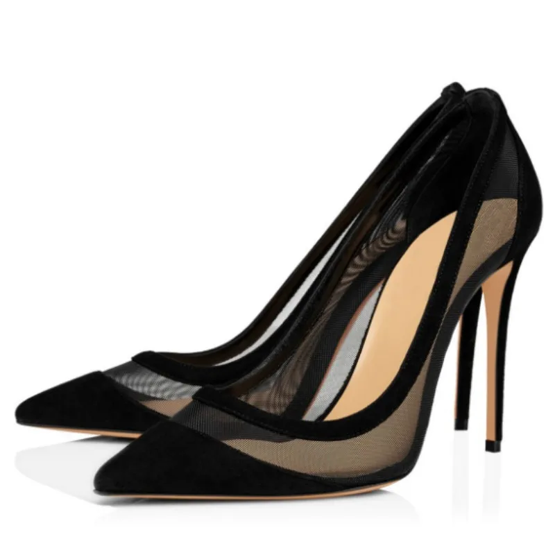 

DIZHUANG Fashionable women's high heels. Black mesh high heels. About 11cm heel height. Pointed shoes Fashion show banquet shoes