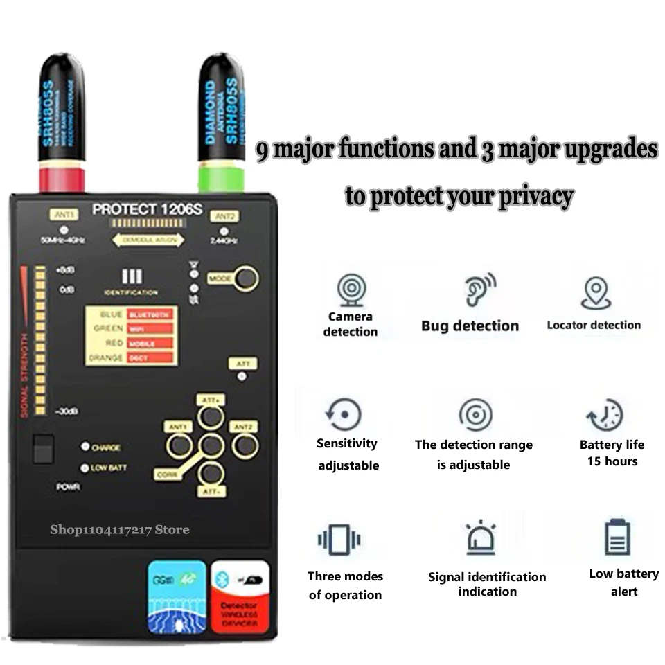 كاشف بلوتوث رقمي احترافي 1206S، جهاز تتبع GSM/GPS/كاشف WiFi Hunter Sweeper، كاميرا مضادة للتجسس، ابحث عن صاعق الحشرات بالليزر