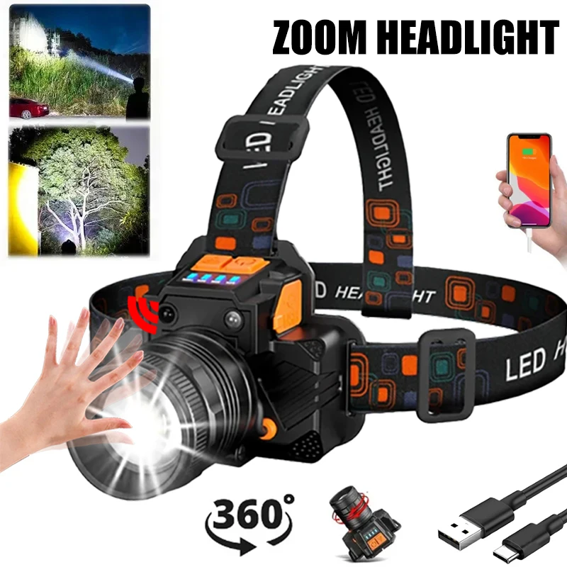 USB Rechargeable Induction Headlamp Built-in Battery Rotating Zoom Head Flashlight Camping Fishing Search Light Power Bank