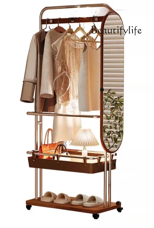 

Cherry wood coat rack wearing h mirror integrated against the wall multi-functional light luxury hanger floor stainless steel