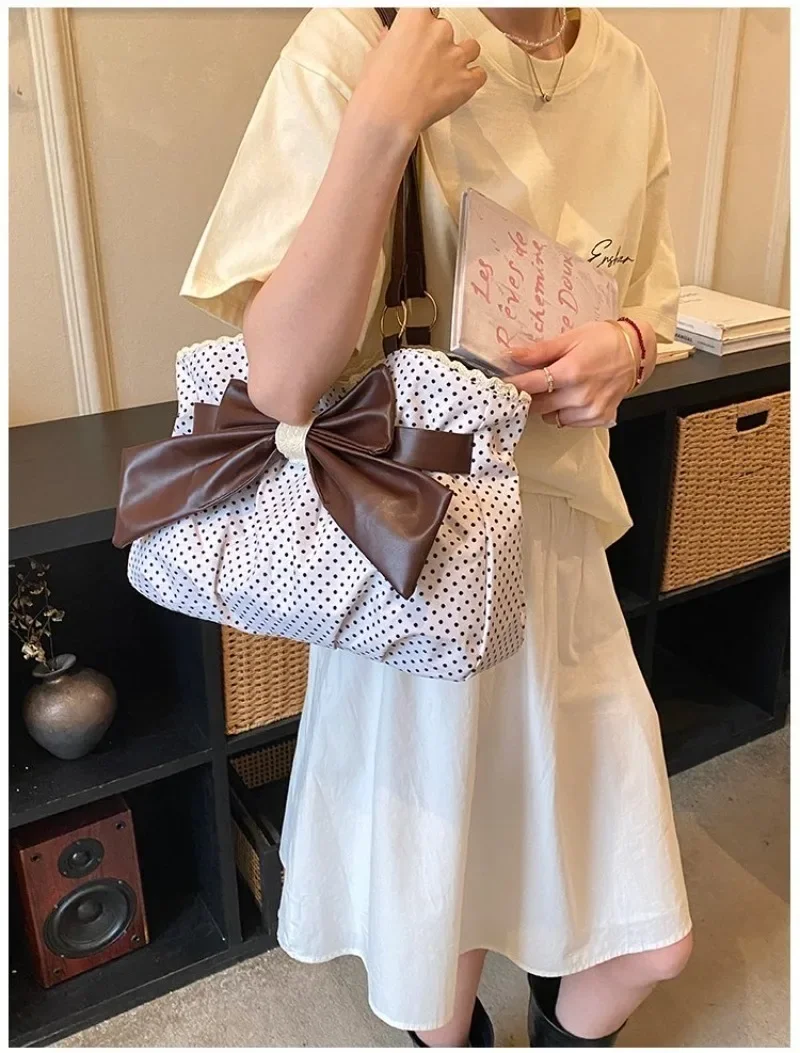 CEEKAY Damen-Tragetasche, weiß, gepunktet, aus Segeltuch, mit großer Schleife, Schultertasche, Reißverschluss, für den täglichen Weg zur Arbeit, lässige Mode – Detail 21