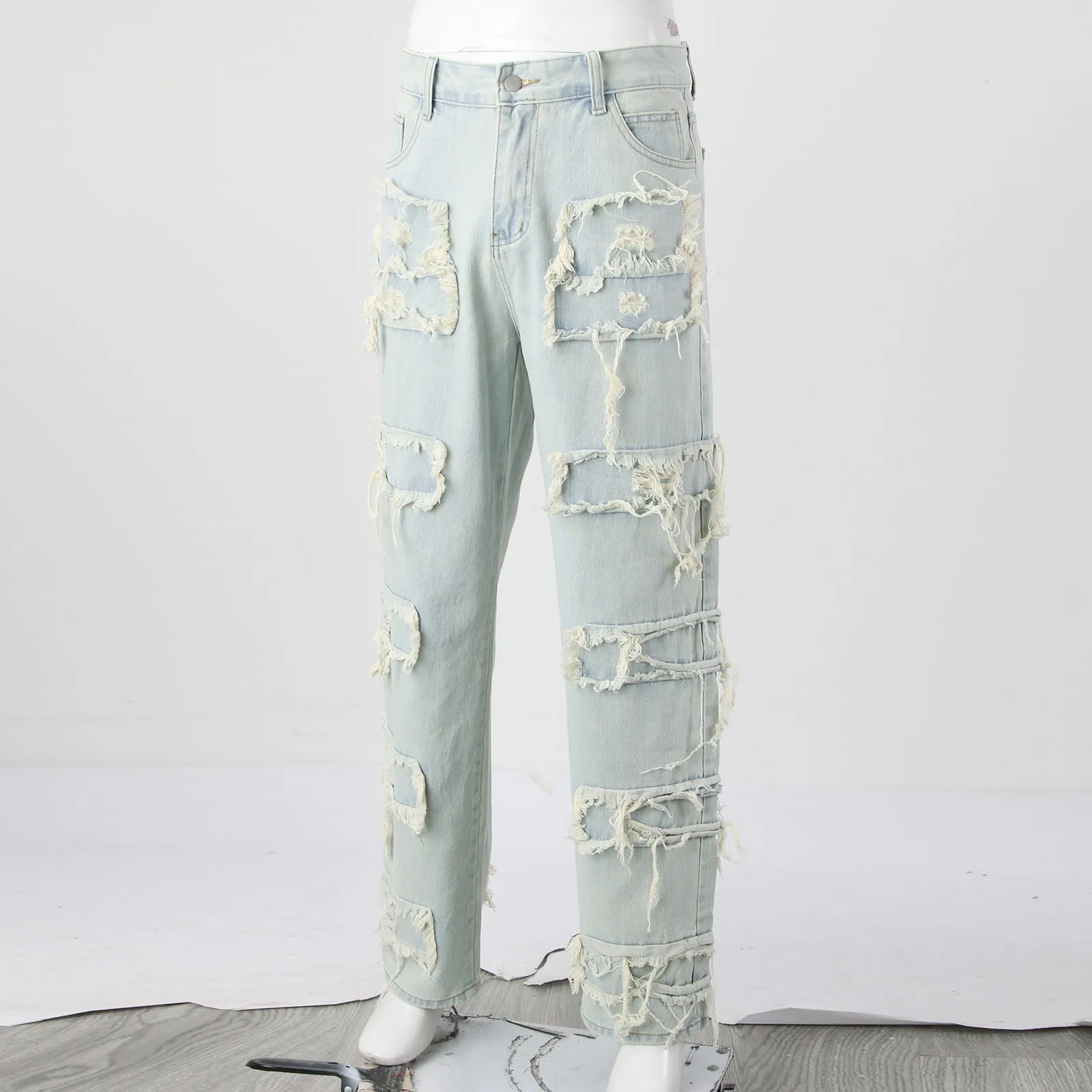 2024 Nowe Męskie Harajuku Hip Hop Street Jeans Ripped Slim Straight Leg Retro Pants Fashion Trend Personality Casual Long Pants