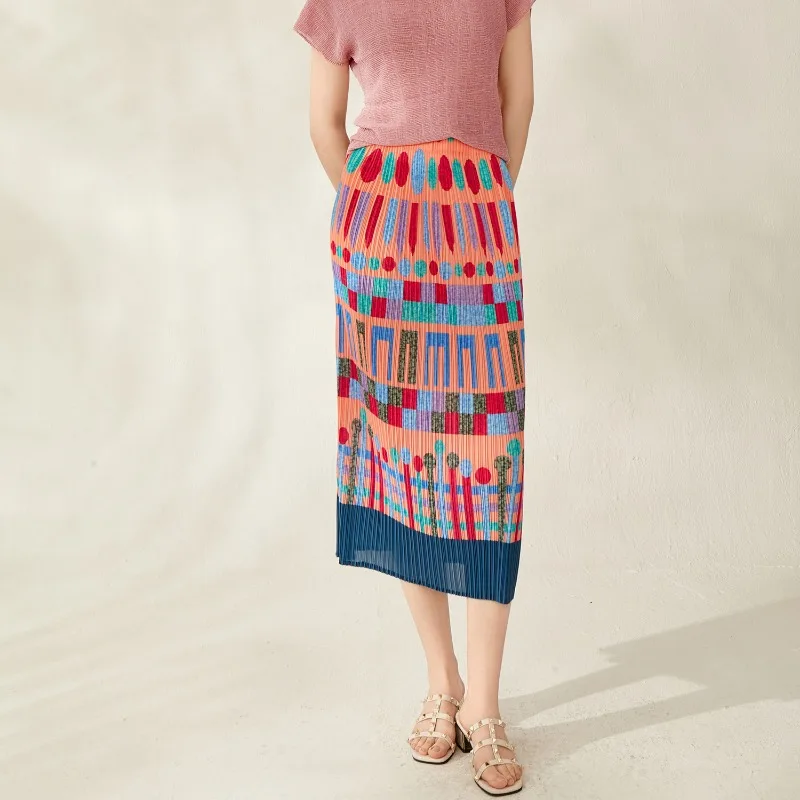 Miyake Pleated 2026 New Summer Printed Skirt Dopamine Fashion Casual Versatile Loose Slimming Mid-Length Straight Skirt Pleat
