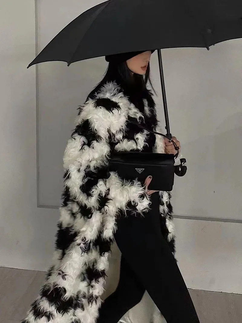 Cow Flower Lamb Fur Coat Women\'s Clothing Printed Black White Thick Warm Faux Fur Outer Wear Winter Fashion Street Long Coat 1Pc