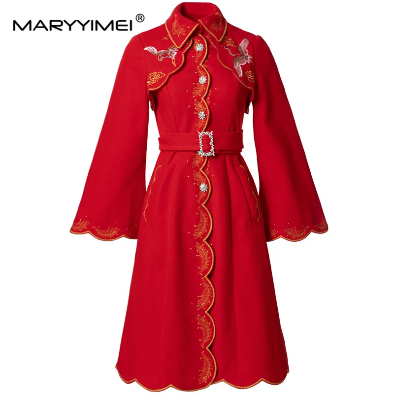 

MARYYIMEI Autumn and winter Vintage Designer Coat Women Turn-Down Collar Single-breasted Lace-Up Tunic Embroidery Long Overcoat