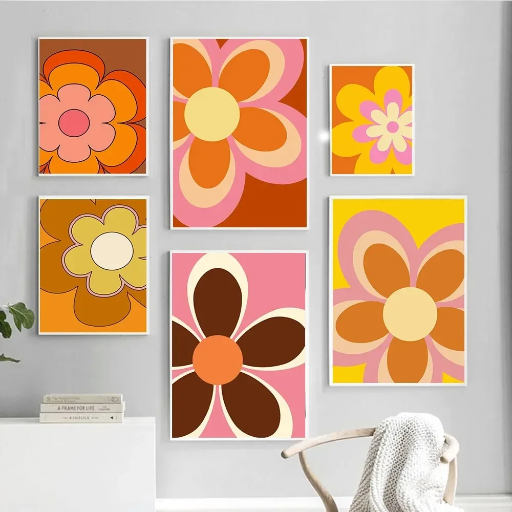 Retro 70's Nordic Floral Poster Orange Canvas Painting Hippy Botanical Art Print Hipster Wall Picture Living Room Bedroom Decor