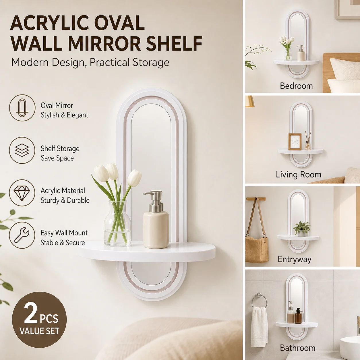 Oval Mirror Shelf Storage Rack Transparent PMMA Wall Mounted Floating Display Ledge for Living Room Bedroom Home Decor