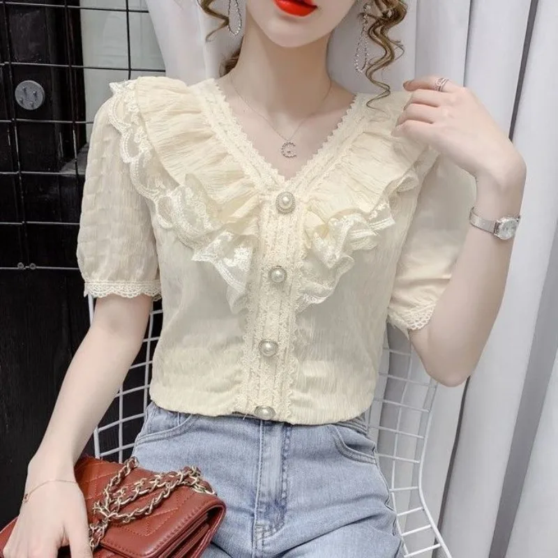 

Fashion V-neck Women's Lace Shirt Short Sleeved 2026 Summer New Small Shirt Lace Top