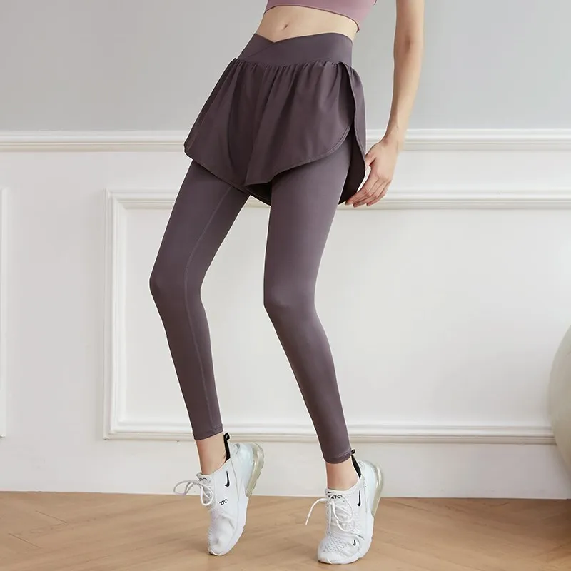 Womens RunningLegging Training Jogging Pants Workout High Waist Slim Leggings Gym Fitness Yoga 2 in 1 Fake Two Shorts + Legging