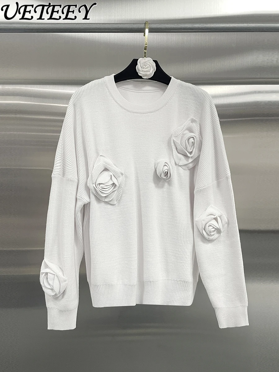 

Autumn Winter New Vintage Gentle Temperament Three-Dimensional Flower Knitted Sweater Loose Versatile Solid Color Pullover