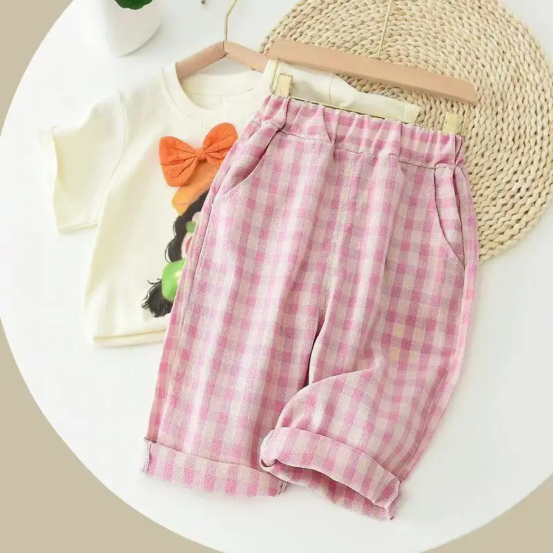 Girls' Thin Cotton Checkered Summer Pants Breathable Outdoor Straight Leg Wide Leg Mosquito Repellent Pants