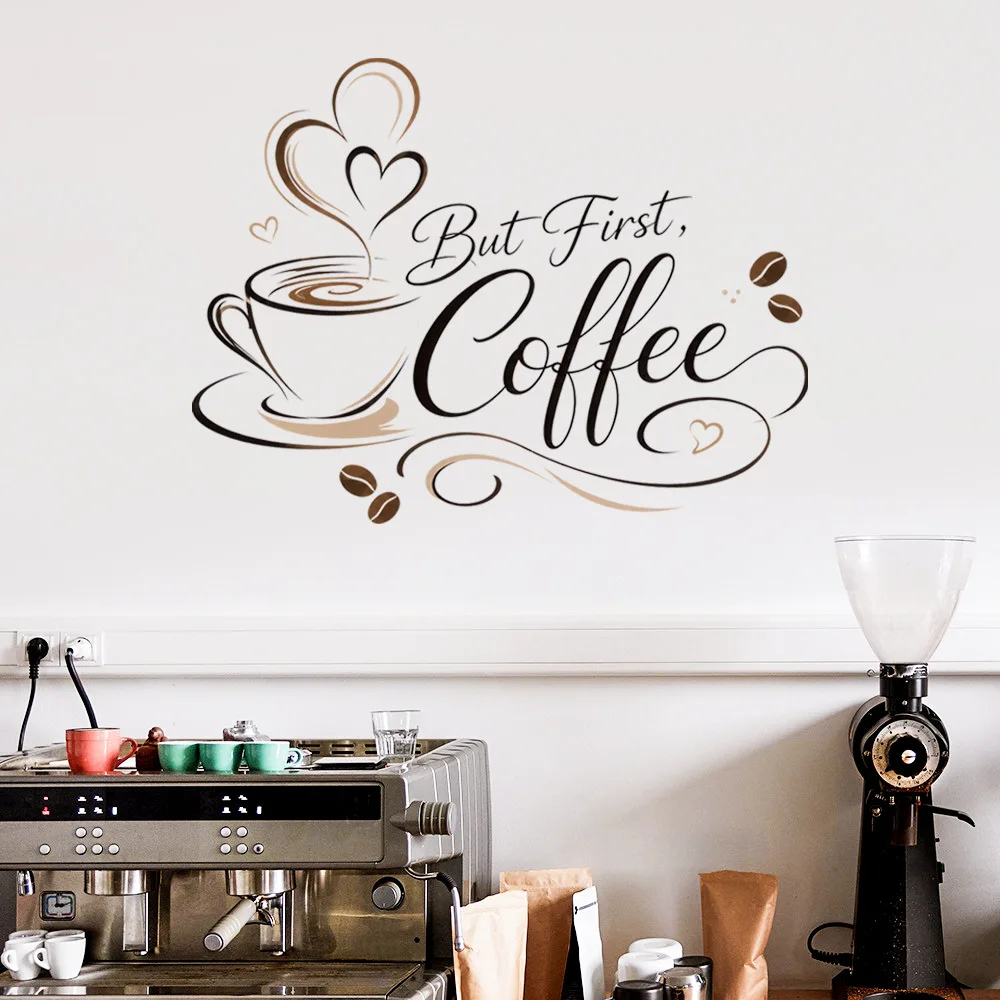 But First Coffee Wall Decals Coffee Cup Wall Stickers Removable Waterproof Coffee Quotes Wall Art Decor for Kitchen Coffee Bar
