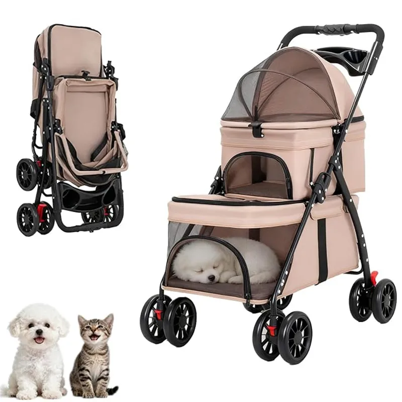 Double Layer Pet Travel Stroller One‑Click Folding 4‑Wheel Breathable Mesh Wagon for Two Kittens Puppies Outdoor Use