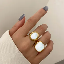 PANJBJ 925 Sterling Silve Branco Conchas Punk Geometria Anel para As Mulheres Superfície Simples Vintage Exagerado Jóias Dropshipping
