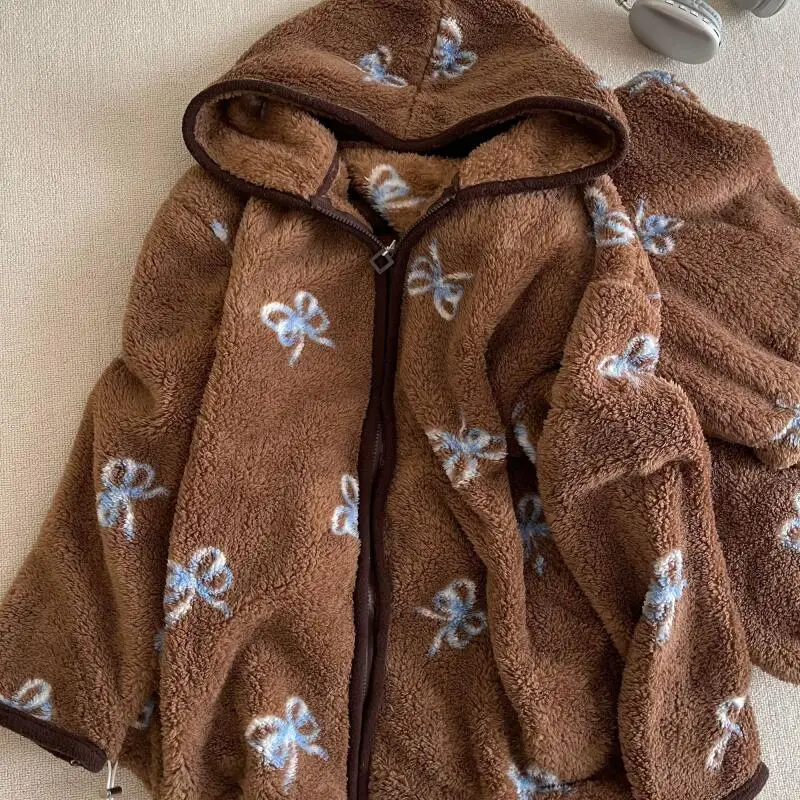 

Korean Version Girl Pajamas Coral Fleece Fleece-Lined Thickened Homewear Women's Printing Hooded Sweet Nightgown Autumn Winter