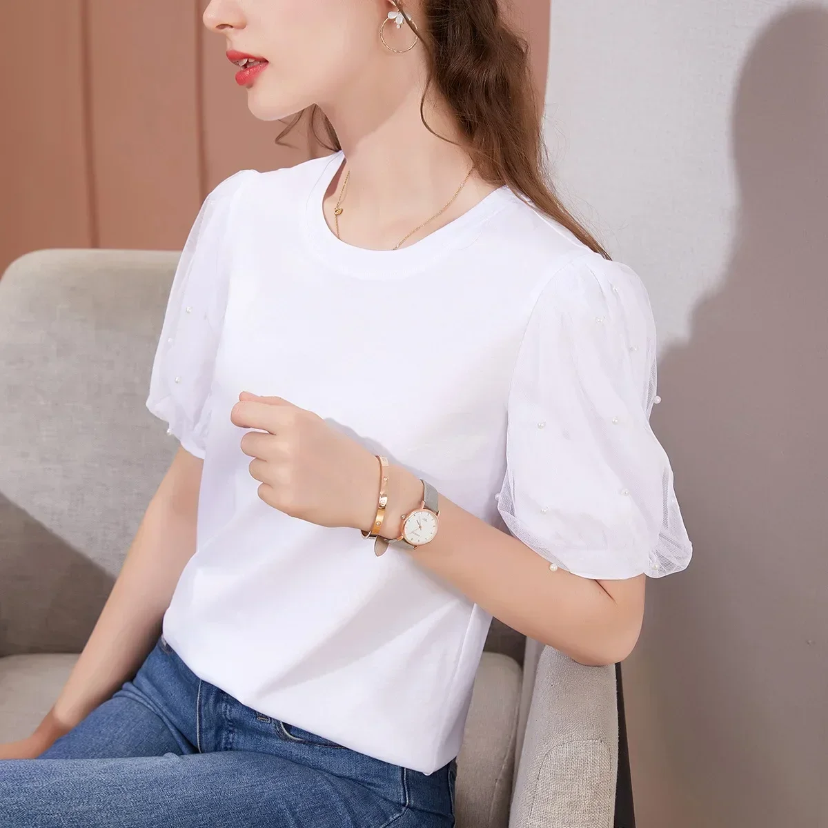 MRMT 2025 Zupełnie nowa damska koszulka z krótkim rękawem Jednokolorowa bawełniana koszulka z półrękawkiem Plisowana siateczka z bufiastym rękawem Projekt dla kobiet