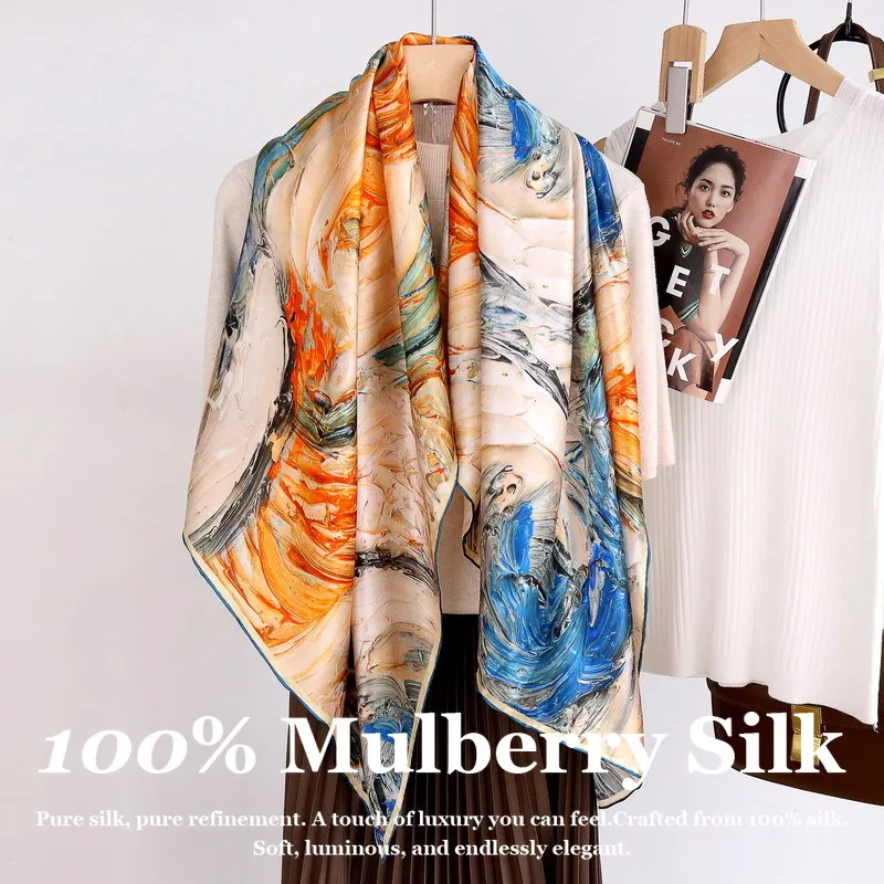 

Oil Painting Vintage 100% Mulberry Silk Scarf 110x110cm Square Real Natural Silk Large Shawl Women Luxury Designer Foulard Hijab