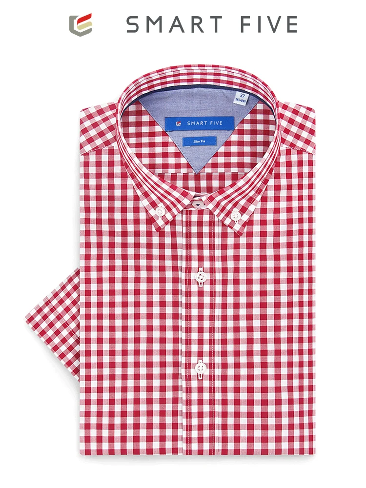 

Red Blue Plaid Men Shirt Men Business Casual Shirt Short Sleeve Slim Fit Summer 100% Cotton Shirt Men's Camisa Hombre Button