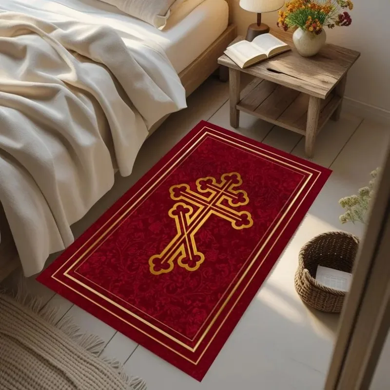 VIKAMA Non-slip Greek Key Orthodox Cross Rug for Bedroom Prayer Mat Decor