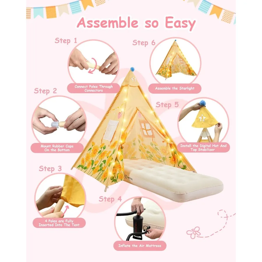 Paquet de 6 tente tipi pour avec matelas gonflable léger tente pour tout-petits tentes de chambre tentes de pyjama de fête tentes de couchage intérieur extérieur Playte