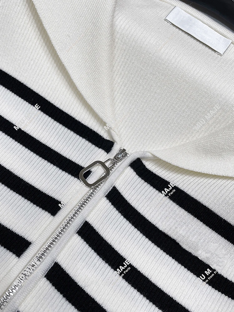

High-End ort Knitted Sweater with Zipper Navy Collar Color Blo Striped Top for Women Commute Sle Slim Fit Regular Sve