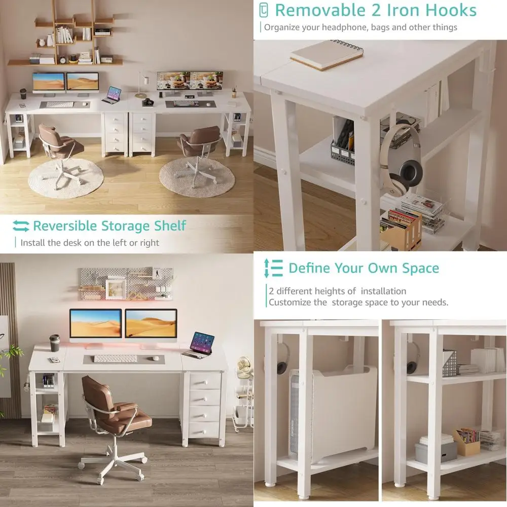 55 Modern White Desk with Fabric Drawers & Shelves, Home Office Study Writing Desk, Cute PC Desk Table