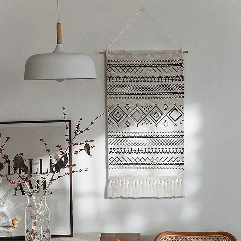 Bohemian-style Hand-woven Fringed Tapestry, for Minimalist Bedroom and Living Room Decor, Background Wall Decoration