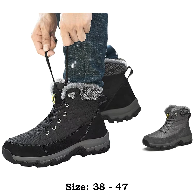 

High quality ankle length snow boots for men waterproof 2025 winter hiking outdoor mountain 46 47 big size shoe black grey
