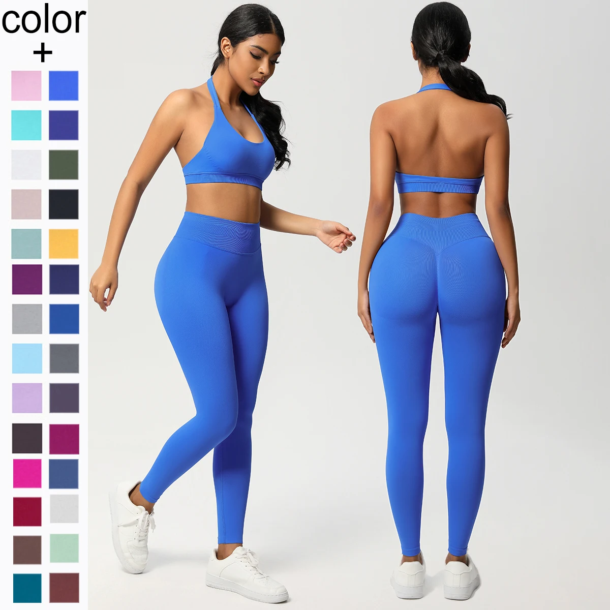 

2 Pieces Solid Color Sexy Sports Yoga Set Woman Gather Backless Hanging Neck Bra With Chest Pad High Waisted Yoga Pants Yoga Set