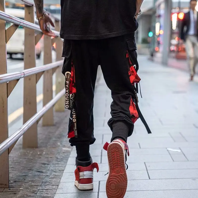 Men's Cargo Pants Casual Hip Hop Hit Color Multiple Pockets Trousers Streetwear Ribbons Techwear Sweatpants