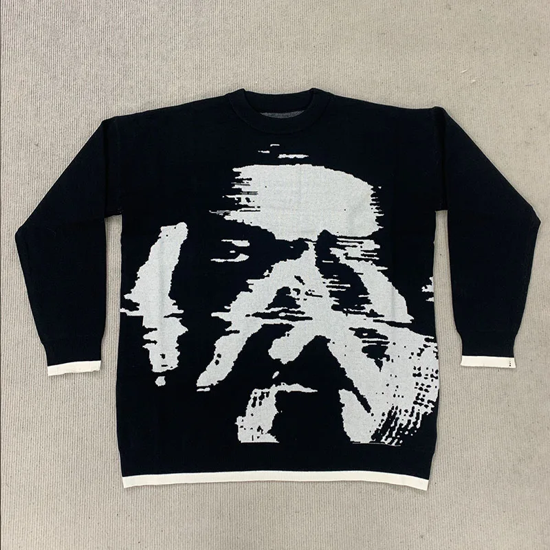 

European Women Fashion Knitwear Abstract Portrait Letter Pattern Loose Pullover Hip Hop Grunge Punk Street Long Sleeved Sweater