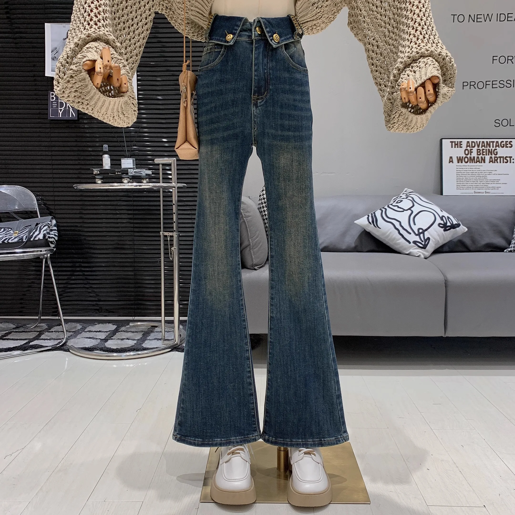 

High Waist Bell Bottom Jeans Women's Fashion Retro Button Design Slimming Small Size Micro Flared Pants Korean Style