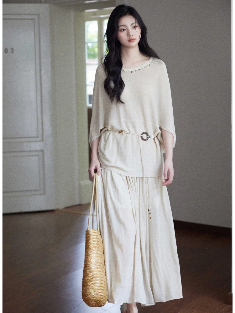 

Linen Blend Loose Knit Set Women's Sle Casual Aosphere Sensation Rayon Fiber Batwing Sve round Ne Top Skirt